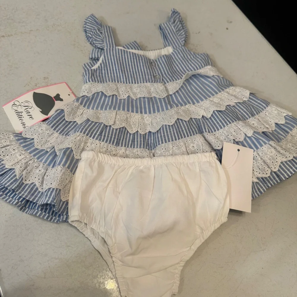 Rare Editions Dress Set Baby Girls 6-9 Months Blue White Striped Eyelet Ruffle